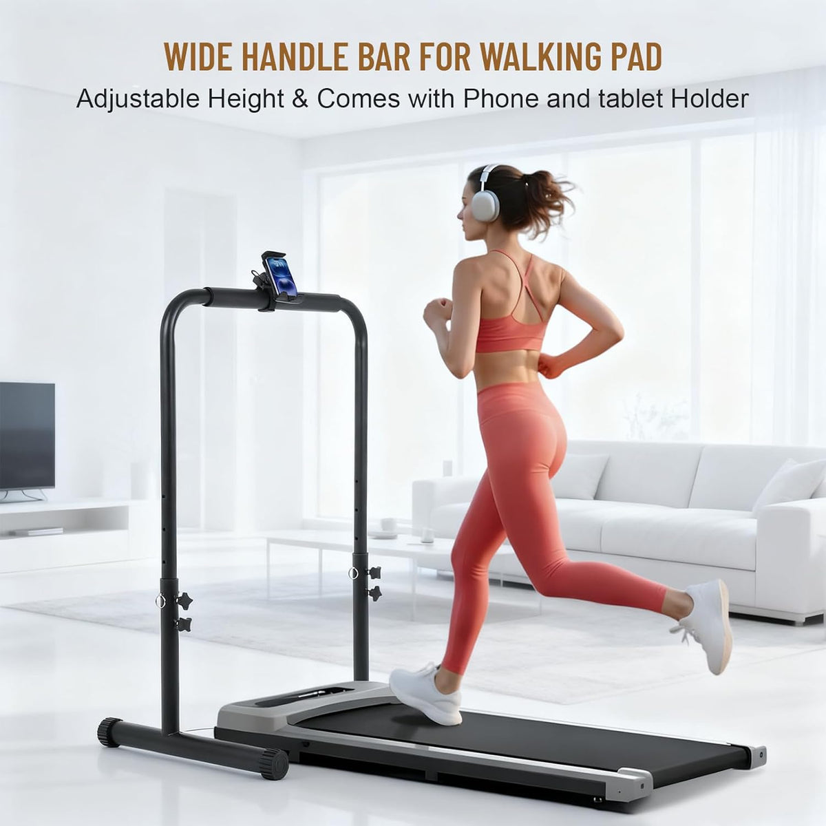 FAHKNS Handle Bar for Walking Pad Only, 31"-39.4" Height Adjustable Treadmill Handlebar, Stabilized Steel Handle Bar for Walking Pad with Phone/Tablet Holder, Non-Slip Rubber Walking Pad Handrail