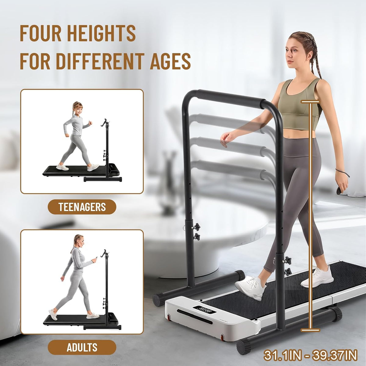 FAHKNS Handle Bar for Walking Pad Only, 31"-39.4" Height Adjustable Treadmill Handlebar, Stabilized Steel Handle Bar for Walking Pad with Phone/Tablet Holder, Non-Slip Rubber Walking Pad Handrail
